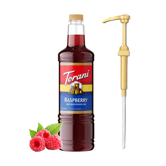 Torani Raspberry Flavouring Syrup, 1L (33.8 fl oz) Plastic Bottle with Absol Gold Pump