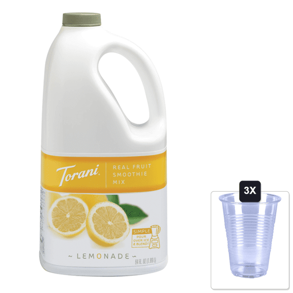 Torani Real Fruit Smoothie Mix, Lemonade, 64 Ounce & 3x 16oz Plastic Cup with Strawless Sip-Lid