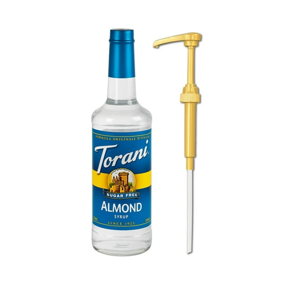 Torani Sugar Free Almond Syrup, 750mL (25.4 fl oz) Glass Bottle + Gold Pump