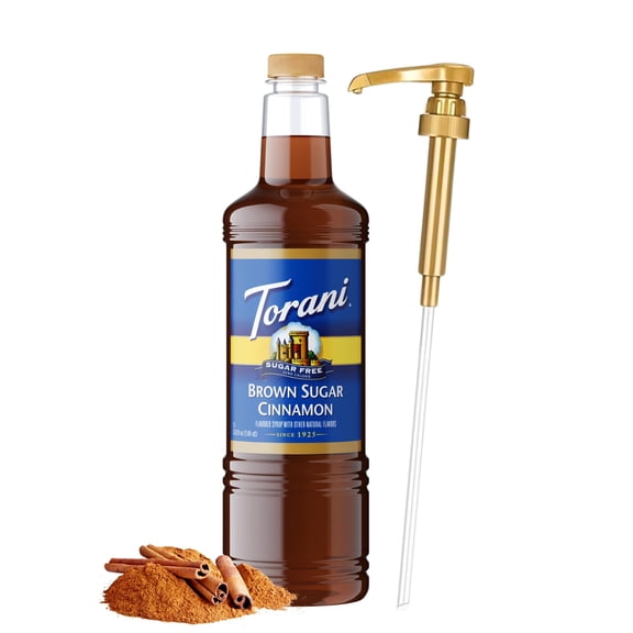 Torani Sugar Free Brown Sugar Cinnamon Coffee Syrup 1 Liter Bottle with Pump Dispenser  Zero Calorie Flavored Syrup for Lattes, Cold Brews, Teas, Cocktails & Desserts  Keto Friendly
