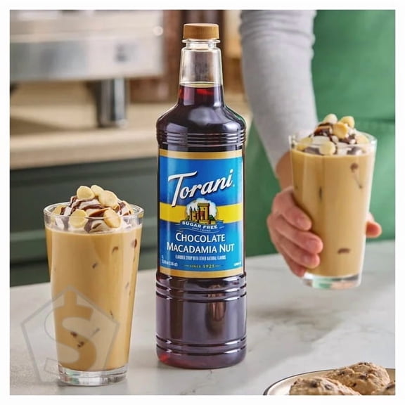 Torani Sugar-Free Chocolate Macadamia Nut Flavoring Syrup Plastic Bottle 1 Liter - 6/Case