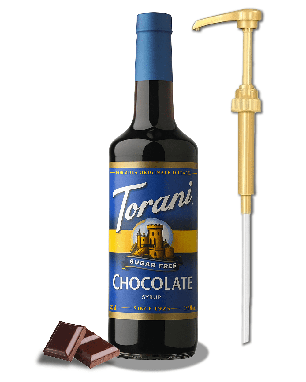 Torani Sugar Free Chocolate Syrup, 750mL (25.4 fl oz) Bottle + Gold Pump