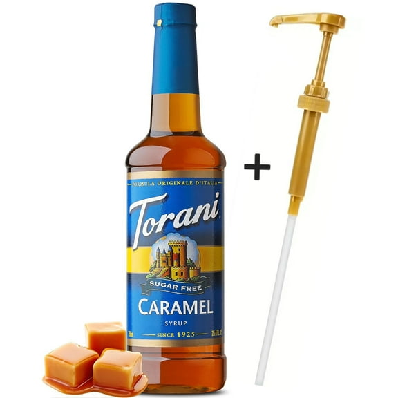 Torani Sugar-Free Classic Caramel Flavoring Syrup 750 mL Plastic Bottle + Gold Syrup Pump l Assortment pack