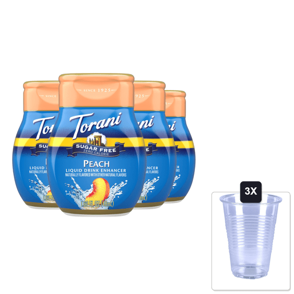 Torani Sugar Free Peach Liquid Drink Enhancer, Water Flavoring 4-Pack, 1.62 Oz Ea & 3x 16oz Plastic Cup with Strawless Sip-Lid
