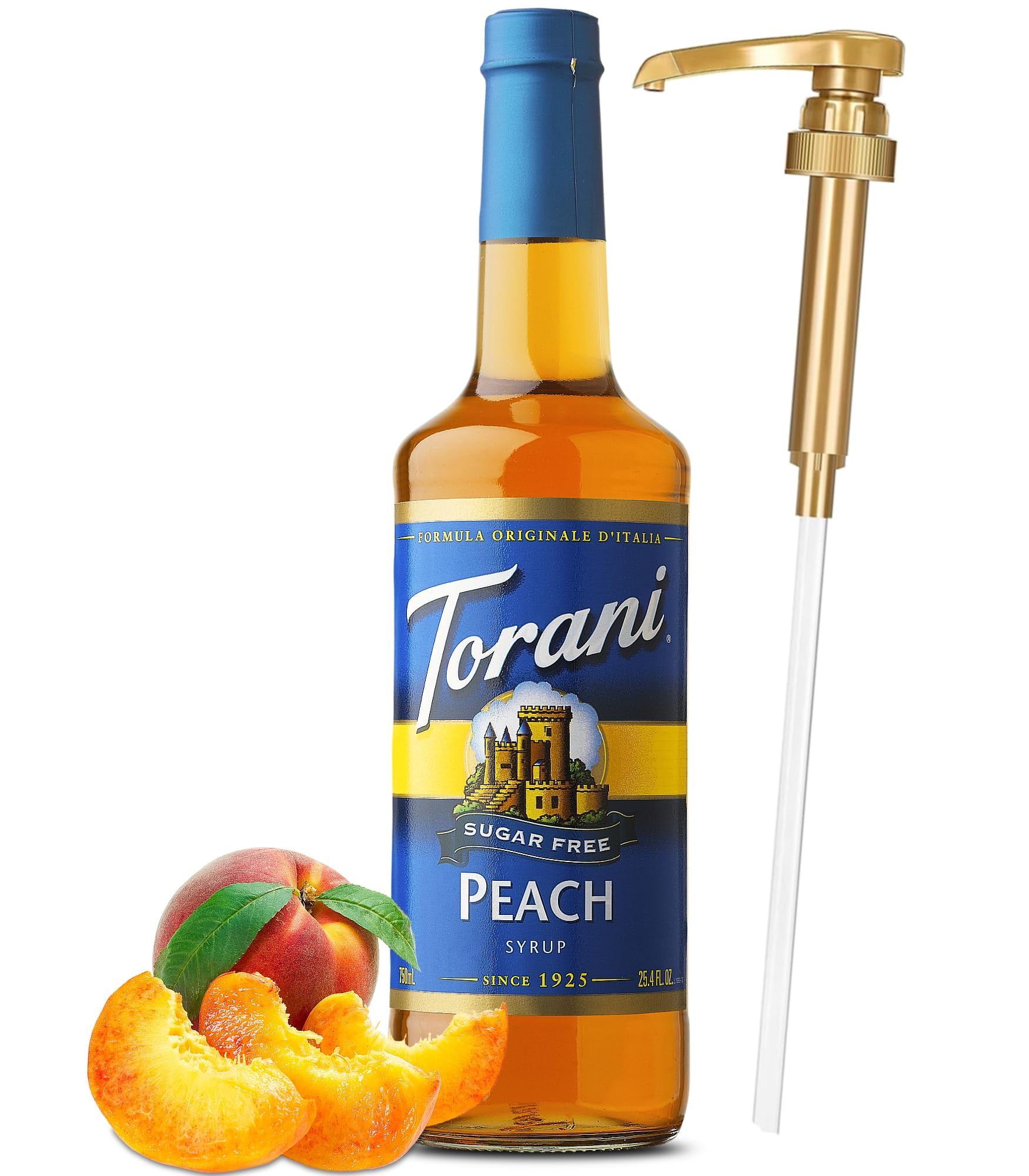 Torani Sugar Free Peach Syrup with Little Squirt Syrup Pump, 750ml 25.4 Ounces