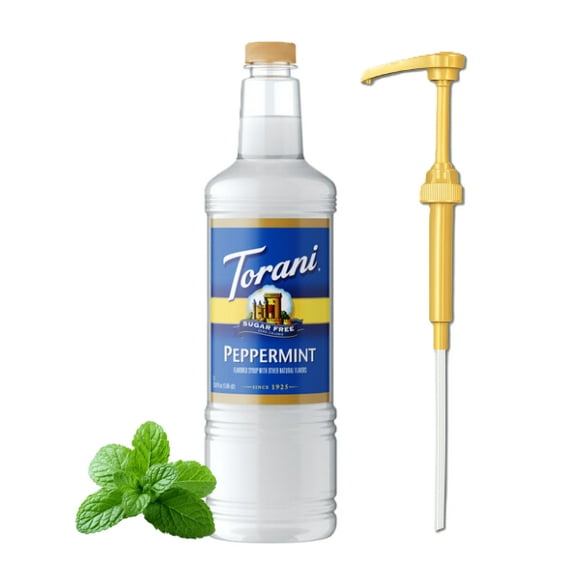 Torani Sugar Free Peppermint Flavouring Syrup, 1 Liter Plastic Bottle with Absol Gold Pump