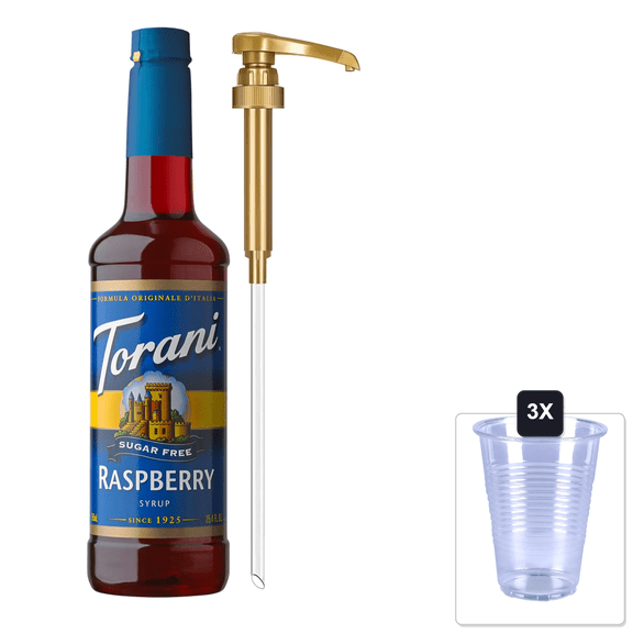 Torani Sugar Free Syrup, Raspberry Flavored Syrup For Drinks, Zero Calorie, Pump Included, 25.4 Fl Oz & 3x 16oz Plastic Cup with Strawless Sip-Lid