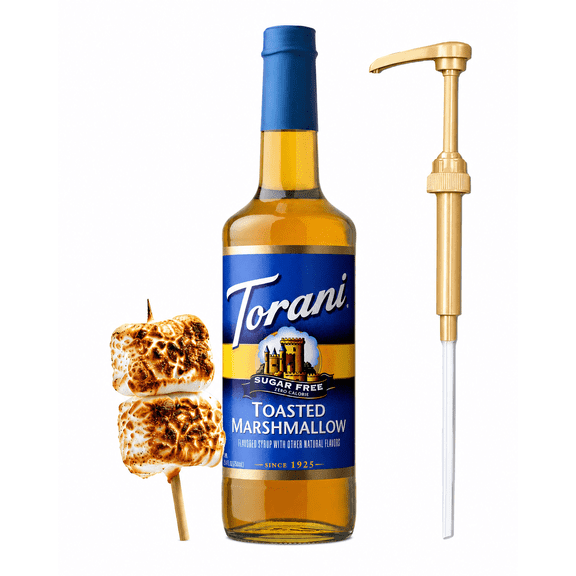 Torani Sugar Free Toasted Marshmallow Syrup with Absol Gold Pump, 750 mL Glass Bottle