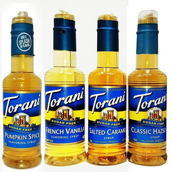 Torani Syrup Sugar Free 375 Milliliter 4 Pack Pumpkin Spice, Salted Caramel, French Vanilla, Classic Hazelnut Pack of 4