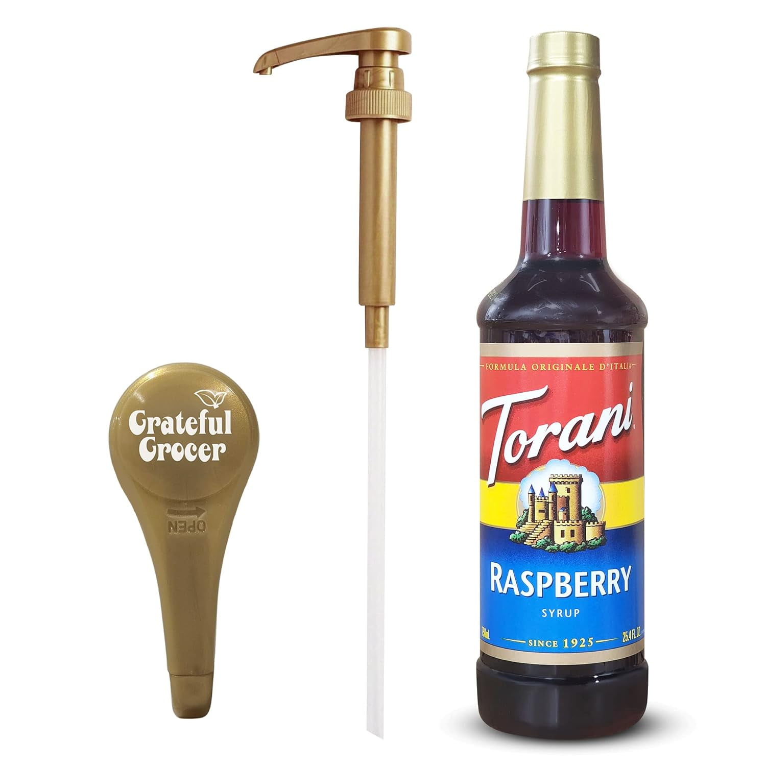Torani Syrups 25.4Oz Bottle Red Raspberry Syrup For Coffee With Grateful Grocer Gold Pump Coffee