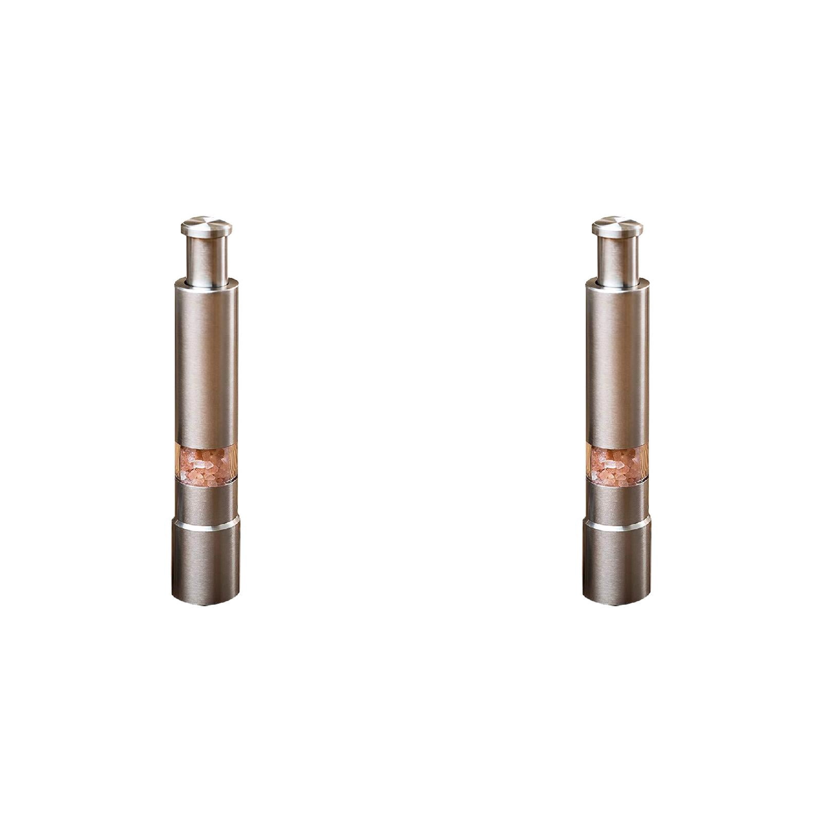 Torch 2Pcs Salt and Pepper Grinder Set, 5.9x1.1 inch Stainless Steel Salt and Pepper Shakers, One Handed Push Button Design, for Black Pepper, Sea Salt and Spice and Salt, Silver