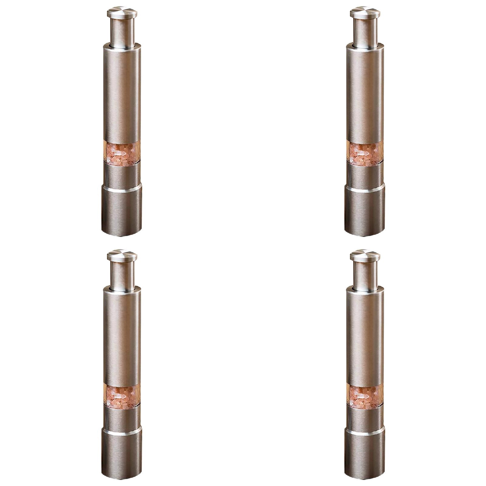 Torch 4Pcs Salt and Pepper Grinder Set, 5.9x1.1 inch Stainless Steel Salt and Pepper Shakers, One Handed Push Button Design, for Black Pepper, Sea Salt and Spice and Salt, Silver