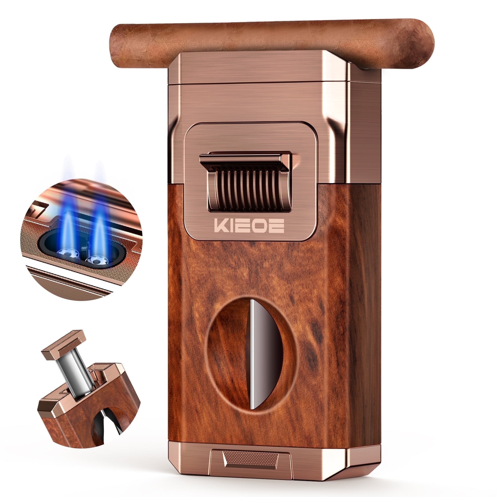 Torch Cigar Lighter with V Cigar Cutter&Holder,Windproof Adjustable Double Flame Lighters,Butane Refillable Lighter for Men Husband Cigar Lover with Gift Box(Butane Not Included),Brown