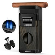 Torch Cigar Lighter with V Cigar Cutter&Holder,Windproof Adjustable Double Flame Lighters,Butane Refillable Lighter for Men Husband Cigar Lover with Gift BoxButane Not Included,Black