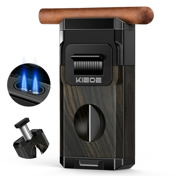 Torch Cigar Lighter with V Cigar Cutter&Holder,Windproof Adjustable Double Flame Lighters,Butane Refillable Lighter for Men Husband Cigar Lover with Gift Box(Butane Not Included),Black