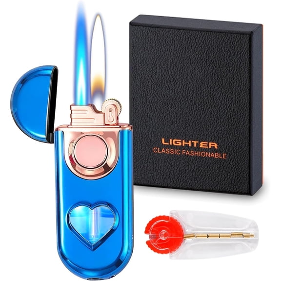 Torch Dual Flame Lighter with 6pcs Flint Stone, Windproof with Visible Gas Window, Adjustable Soft and Jet Flame, Refillable Butane Lighter for Outdoor Indoor - Blue