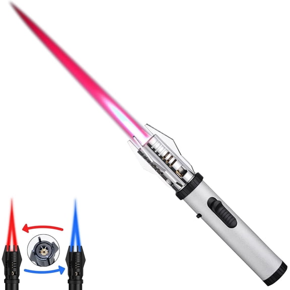 Torch Lighter, Bright Fire Lighter with Safety Lock and Adjustable Red/Blue Flame, Refillable Butane Gas Windproof Jet Flame Cool Lighters, for Candles Campfires BBQ Baking, Camping, Gift