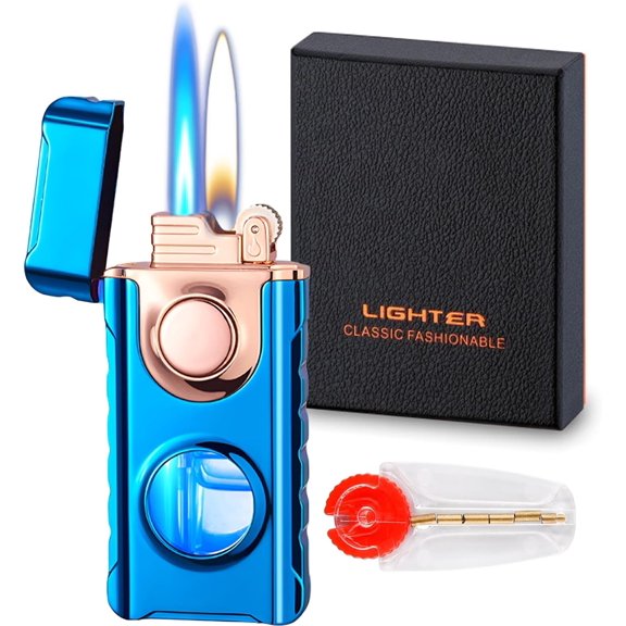 Torch Lighter, Creative Dual Flame Lighter with 6pcs Flint Stone, Windproof Lighter with Visible Fuel Tank, Adjustable Soft Flame and Jet Flame 2 in1,Refillable Butane Lighter for Gifts Men-Ice Blue