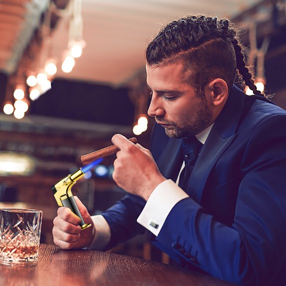 Torch Lighter, Czzoypi Windproof Rechargeable Metal Lighter, Adjustable Flame Butane Torch for Kitchen Baking Outdoor Barbecue, Gold