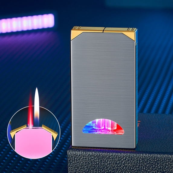 Torch Lighter, Dual Flame Lighter with 1Pcs Flint Stone, Windproof Lighter with Visible Gas Window, Cool Adjustable Soft Flame and Jet Flame 2 in1,Refillable Butane Lighter for Outdoor Indoor-Gray