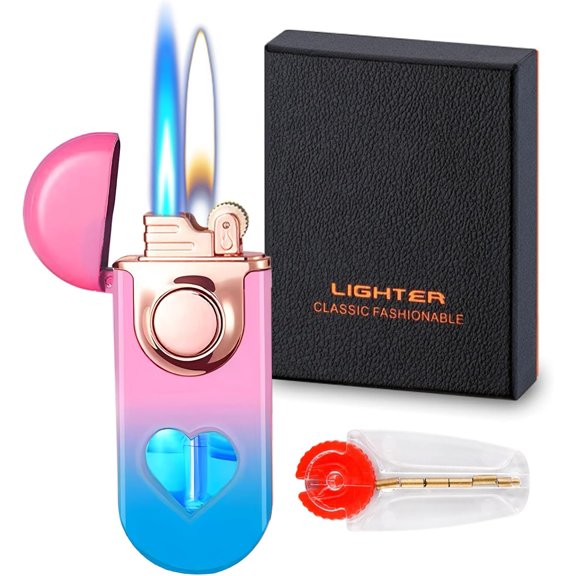 Torch Lighter, Dual Flame Lighter with 6pcs Flint Stone, Windproof Lighter with Visible Gas Window, Adjustable Soft Flame and Jet Flame 2 in1,Refillable Butane Lighter for Outdoor Indoor - Gradient B