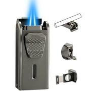Torch Lighter, All in One Jet Flame Butane Lighter Built-in Cutter, Punch, Holder Function, Refillable and Adjustable Windproof Gas Lighter, Mens Gifts. Black(Sold Without Gas)