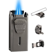 Torch Lighter, All in One Jet Flame Butane Lighter Built-in Cutter, Punch, Holder Function, Refillable and Adjustable Windproof Gas Lighter, Mens Gifts. BlackSold Without Gas