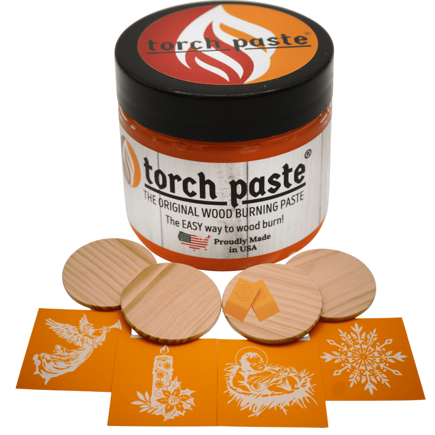 Torch Paste Vintage Christmas Ornament/Coaster Kit | Torch Paste the Original Wood Burning Paste | 4 Reusable Stencils | Candle, Manger, Snowflake, Angel | 2 Squeegees | 4 Wood Rounds