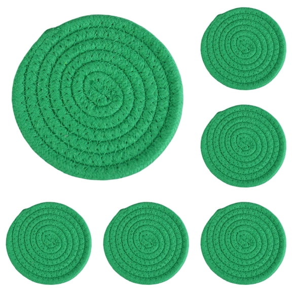 Torch Round Placemats Set of 6 Washable, 4.33 inch Spring Placemats, Handmade Woven Absorbent Coasters, Fabric Coaster for Coffee Cups to Decor Table and Desk, Green