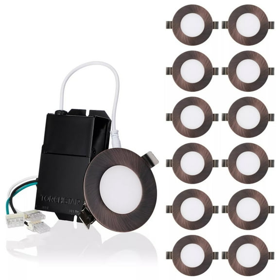 TorchStar 12 Pack 3 Inch LED Recessed Light with J-Box, 7W (35W Eqv.) Dimmable, Oil Rubbed Bronze, 2700K Soft White