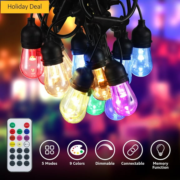 TorchStar 50ft RGB LED Outdoor String Lights, Weatherproof Patio String Light for Party, Restaurant, Garden, Patio Lights, 15 Sockets, 17 Bulbs Included