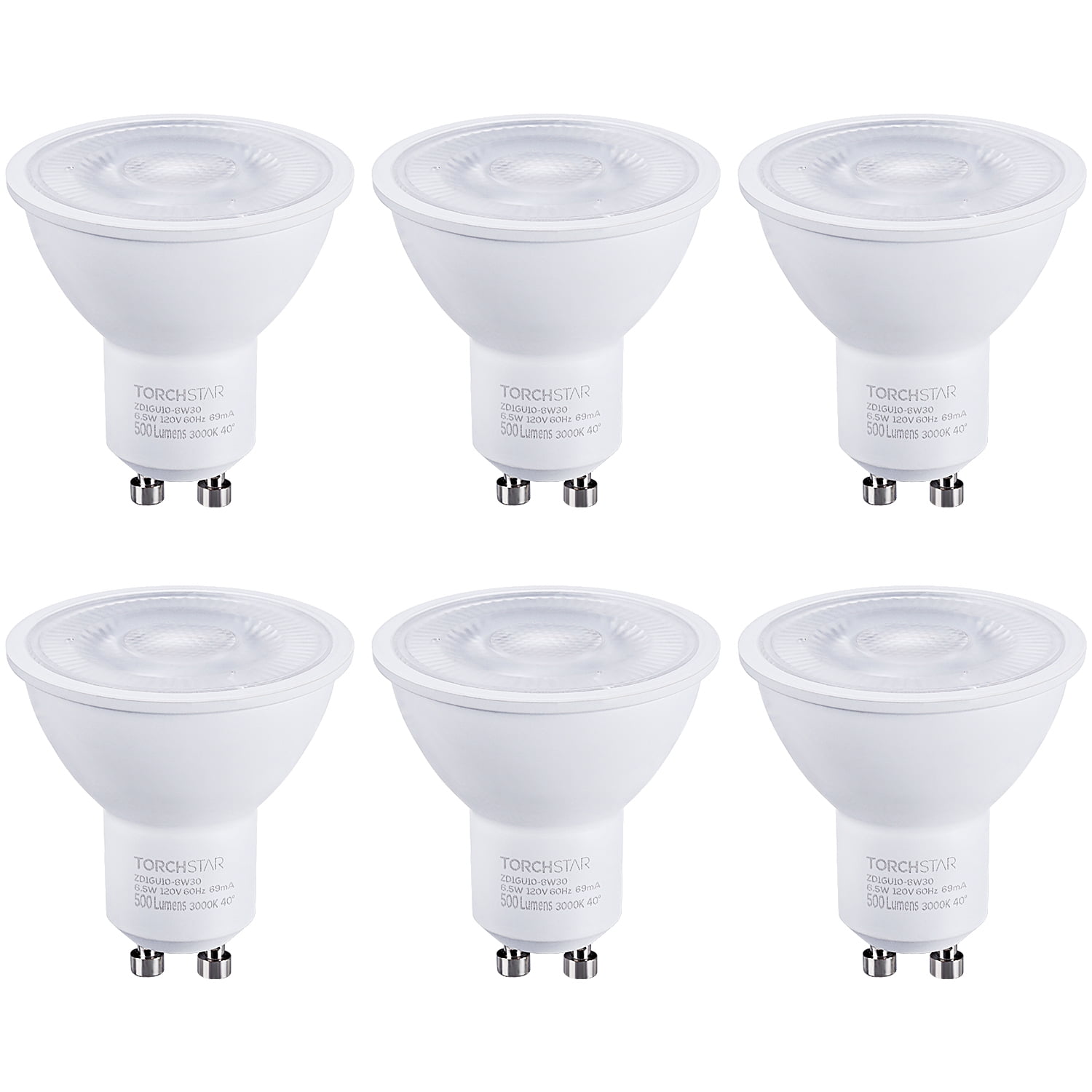 TorchStar Dimmable LED MR16 GU10 Base Light Bulb, 6.5W (50W Equivalent), 500lm, 3000K Warm White, Pack of 6