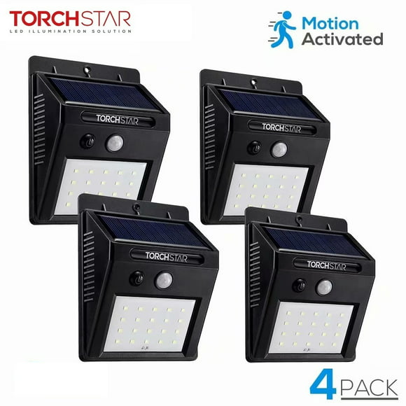 TorchStar Led Solar Motion Sensor Lights, Wireless Outdoor Wall Lights, Outdoor Security Wall Mount Light, Black, Pack of 4