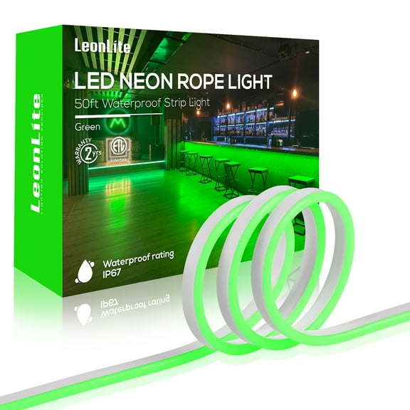 50FT LED Neon Rope Lights Outdoor, IP67 Waterproof, AC 120V LED Strip Lights, UL Plug&Play, Max Connection 3 Sets(150FT), ETL Listed, Green Light