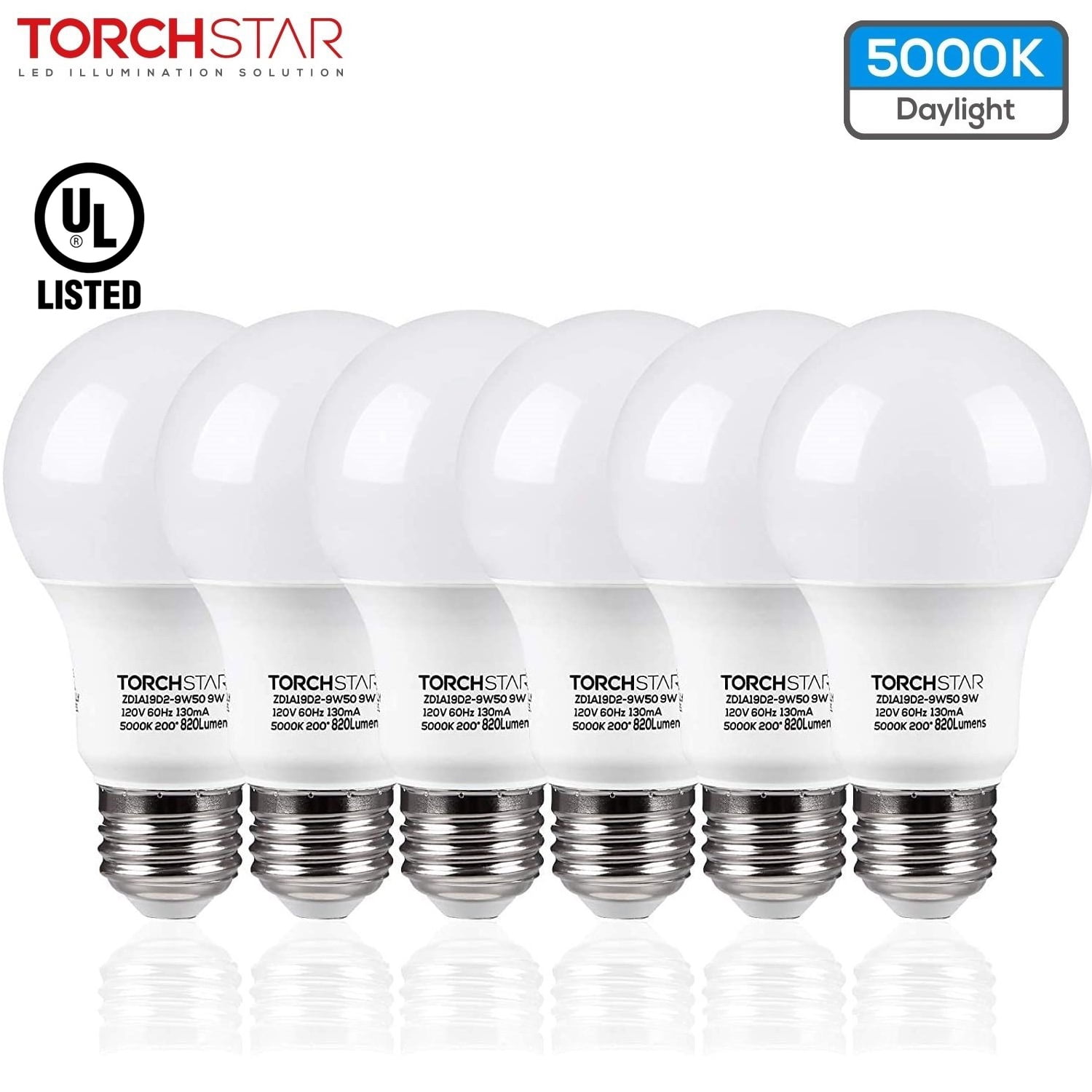 TorchStar UL-Listed A19 LED Light Bulbs for General, Residential, Commercial Lighting, 9W(60W Equivalent), Base, 5000K Daylight, Pack of Walmart.com