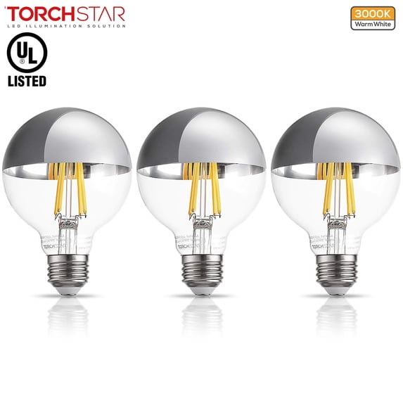 TorchStar UL Listed Dimmable Half Chrome LED Light Bulb for Dressing Room, 7W(75W Equivalent), 3000K Warm White, Pack of 3