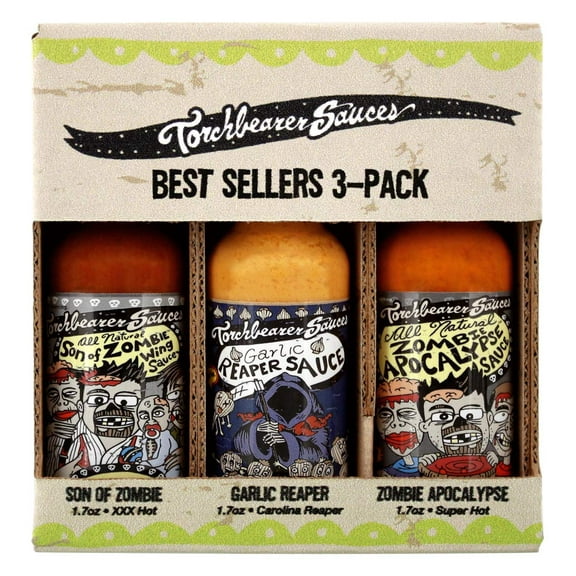 Torchbearer Sauces Best Sellers 3-Pack Mini Hot Sauce Gift Set, 1.7 Oz each - Zombie Apocalypse, Garlic Reaper, Son of Zombie