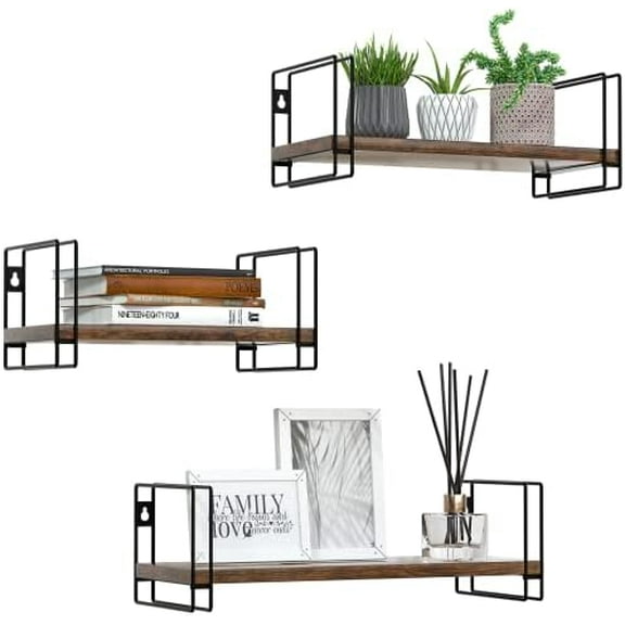 Torched Wood Floating Shelves, Set of 3 Wall Mounted Hanging Shelves with Black Wire Frames for Bedroom. Living Room, Kitchen, Bathroom and Office - MK696B