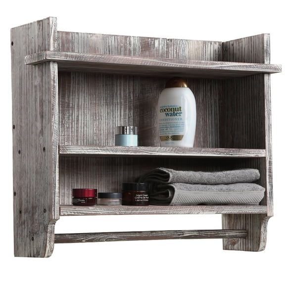 Torched Wood Wall-Mounted Bathroom Organizer Rack with 3 Shelves and Hanging Towel Bar