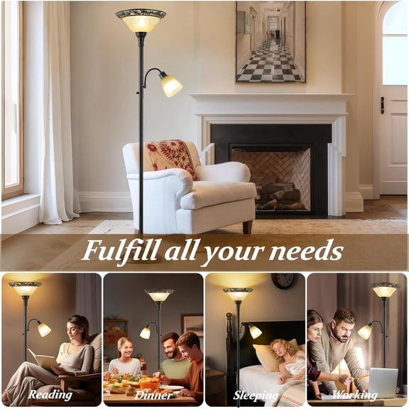 Torchiere Floor Lamps for Living Room, 70" Lamps for Living Room with Etched Glass Shade, Metal Pole & Heavy Base, Vintage Standing lamp Decor for Bedroom, Living Room, Office