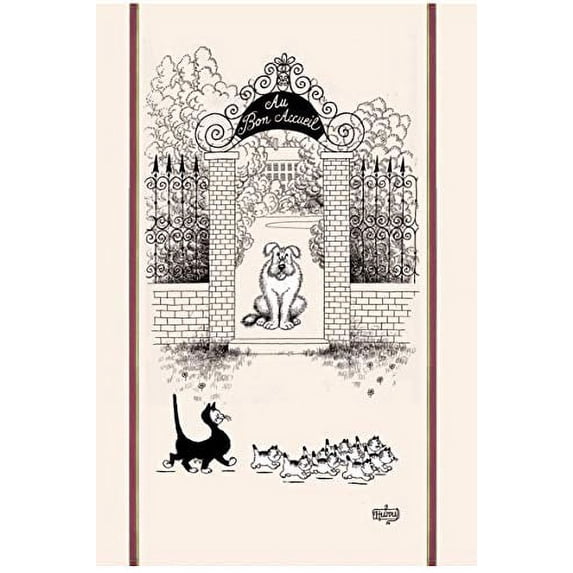 Torchons & Bouchons, Dubout, Au Bon Accueil (Cat & Dog Welcome Reception!) Printed French Kitchen Tea Towel, 100% Cotton