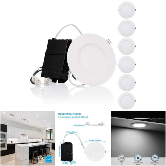 Torchstar Premium Series 4 Inch Ultra-Thin LED Recessed Light with Junction Box, Daylight 5000K, 10.5W Dimmable Canless Ceiling Light, Pack of 6