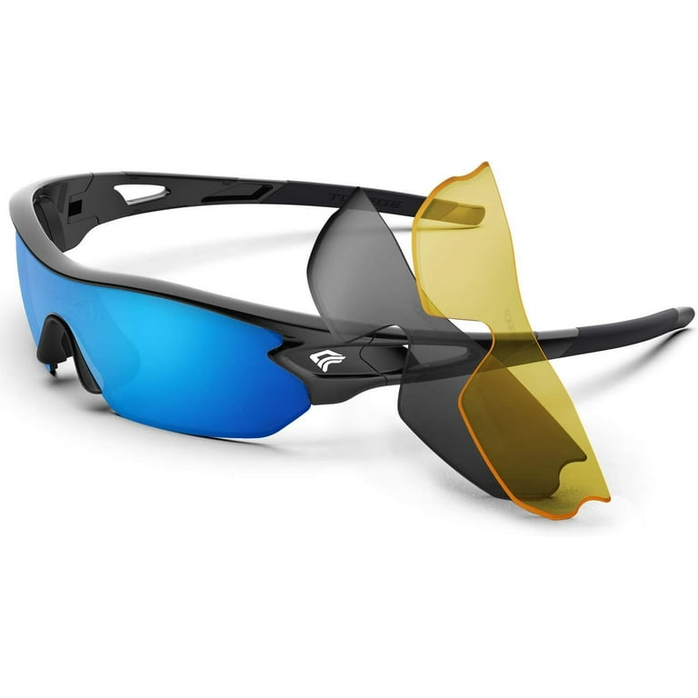 Torege Polarized Sports Sunglasses With 3 Interchangeable Lenes for Men  Women Cycling Running Driving Fishing Glasses TR002 Black&ice Blue Lens