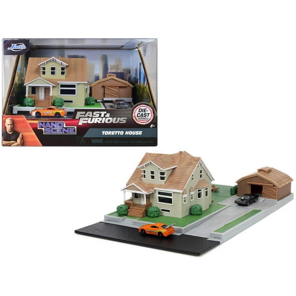 Toretto House Diorama with Dodge Charger Black and Toyota Supra Orange with Graphics "Fast and Furious" "Nano Scene" Series Models by Jada