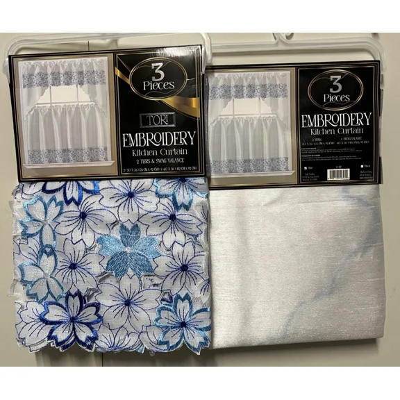 Tori Embroidered Kitchen 36" Long Curtain Tiers and Swag Set, Blue