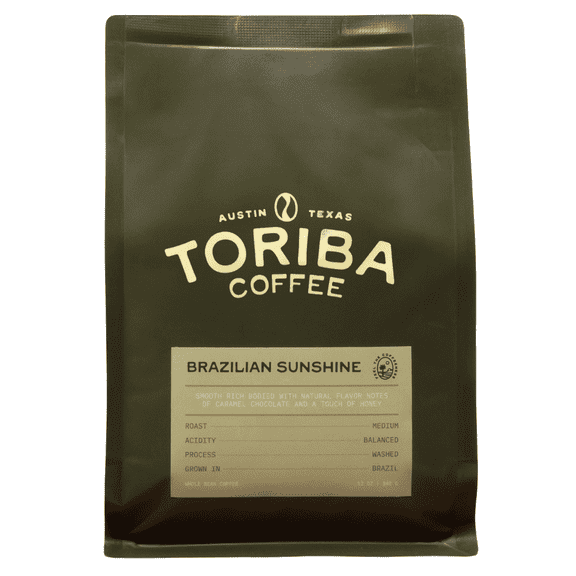Toriba Coffee, Brazilian Sunshine, Medium Roast Whole Bean Coffee, Specialty Single Origin from Cerrado Mineiro Brazil, Notes of Chocolate, Caramel & Honey, 12 oz Bag