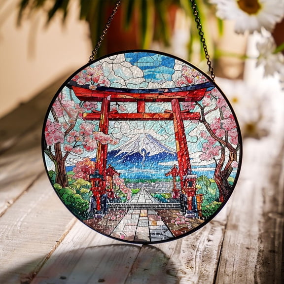 Torii Gate Glass Suncatcher, Mt Fuji and Cherry Blossom Decor, Japan Art, 6.3 in