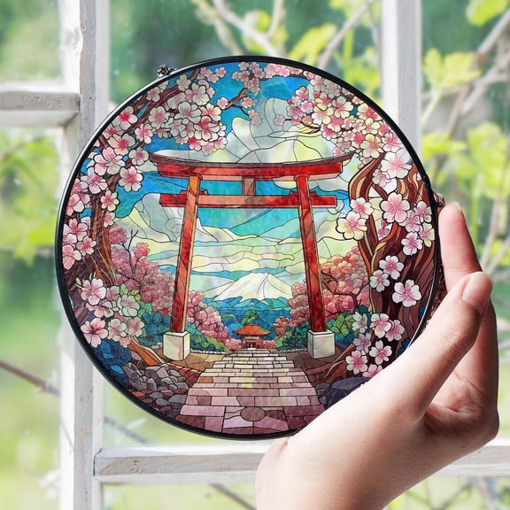 Torii Gate Glass Suncatcher, Mt Fuji and Cherry Blossom Decor, Japan Art v2, 3.5 in
