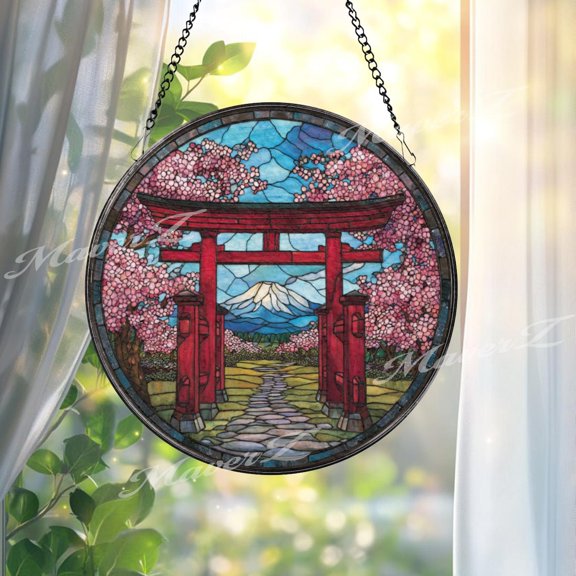 Torii Gate Glass Suncatcher, Round Japanese Window Panel, Zen Nature Decor, 3.5 in