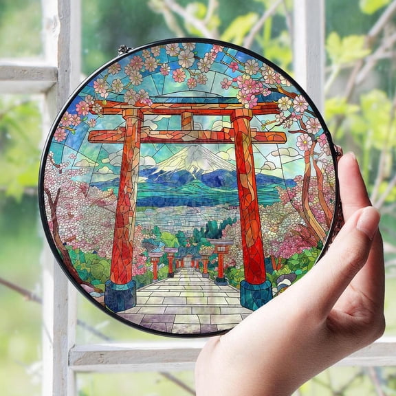 Torii Gate Glass Suncatcher v2, Mt. Fuji Cherry Blossom Art, Japan Travel, 6.3 in
